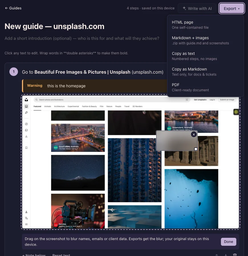 The SnapSteps editor showing a step with a warning callout, a blur box over part of the screenshot, and the Export menu with HTML, Markdown, copy and PDF options.